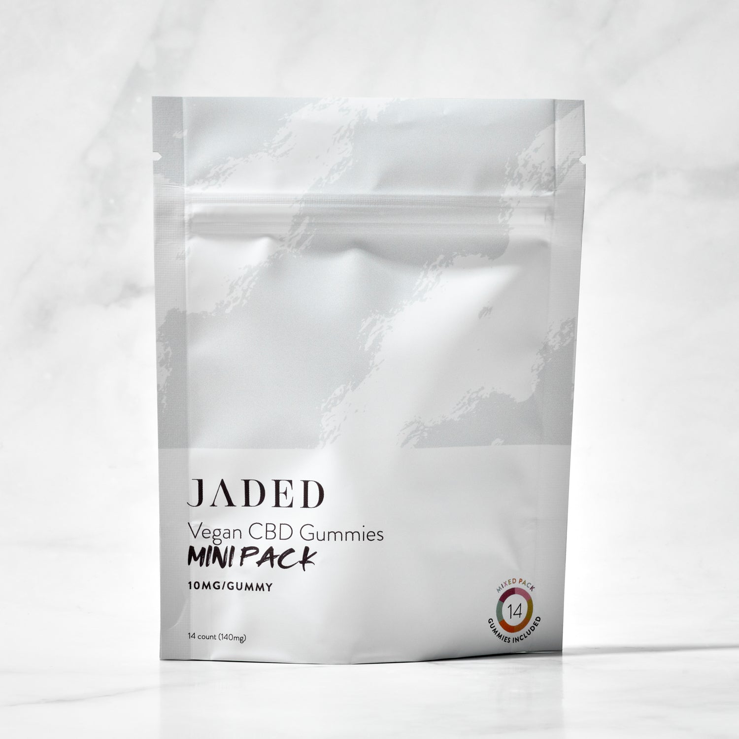 Front facing image of JADED Vegan CBD Gummies Mini Pack 14 count