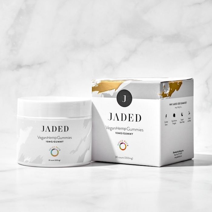 JADED Hemp Gummies Mixed Pack Flavors shown in Closed Jar with Box