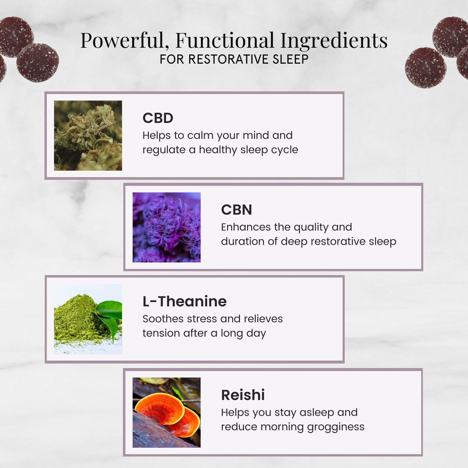 Powerful, functional Ingredients: CBD, CBN, L-Theanine, and Reishi Mushroom